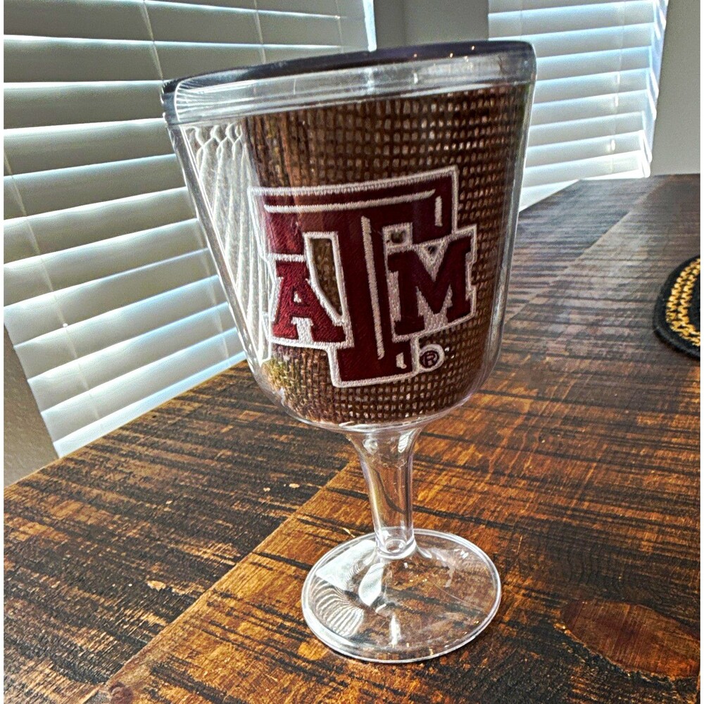 Texas A&M Aggies Logo Clear Plastic Stemmed Goblet Cup w/ Brown Insert